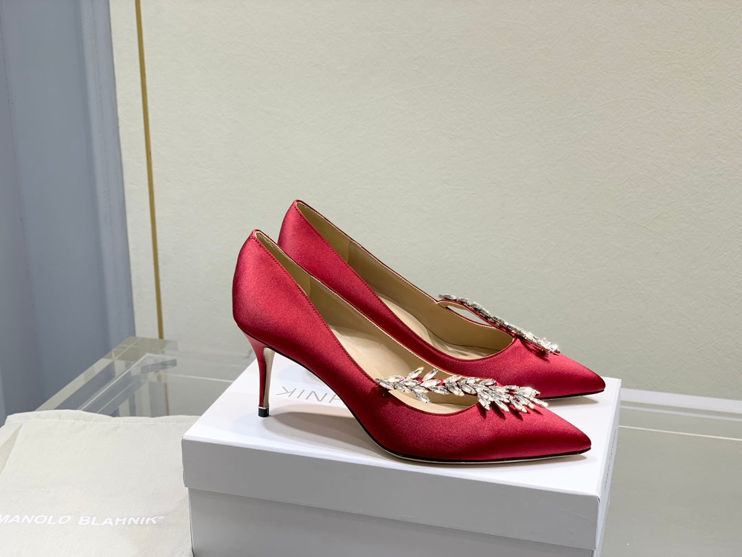 Manolo Wheat Ear Rhinestone Pumps Dark Red Silk Fabric 306595