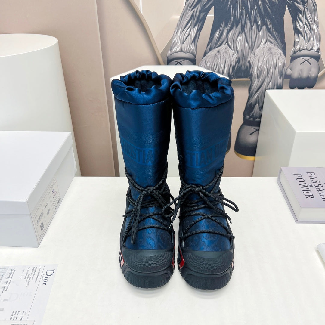 CD Platform Snow Boots Dark Blue Cowhide Nylon Fabric 539653