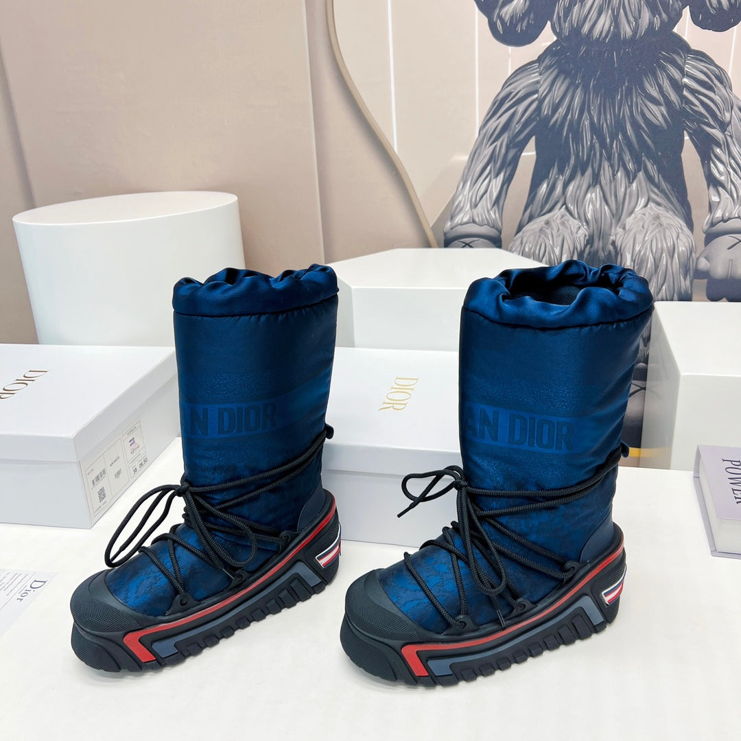 CD Platform Snow Boots Dark Blue Cowhide Nylon Fabric 539653