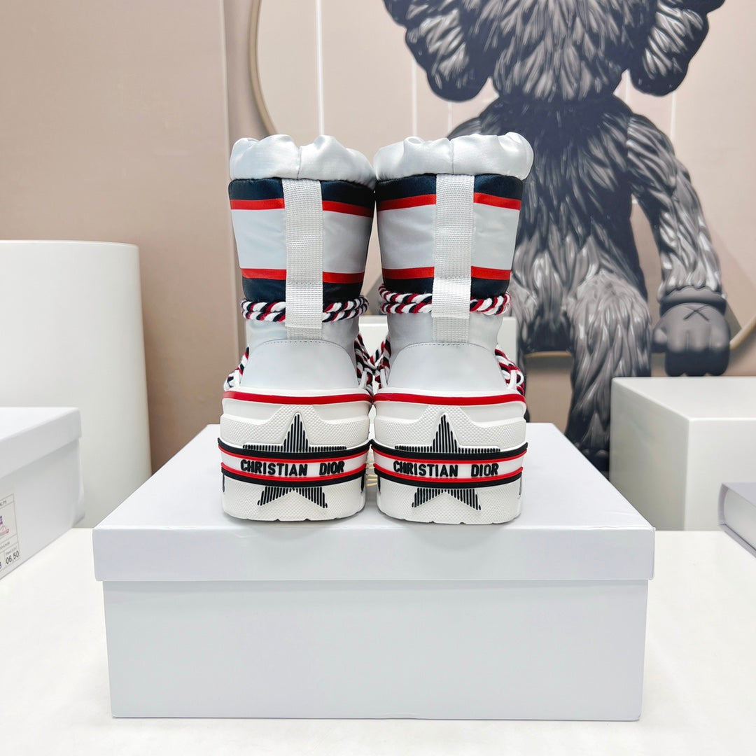 CD Snow Ankle Boots White Red Cowhide Nylon Fabric 539661