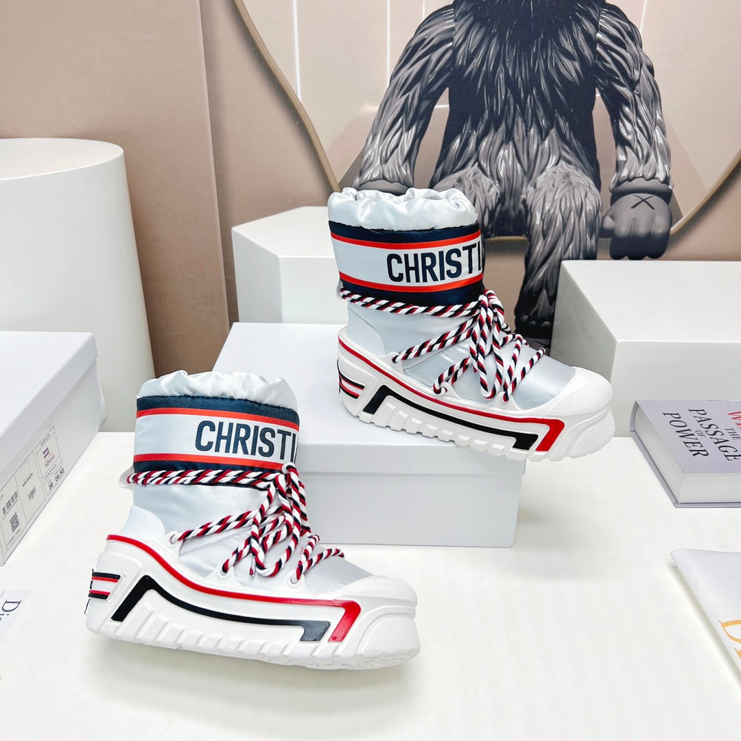 CD Snow Ankle Boots White Red Cowhide Nylon Fabric 539661