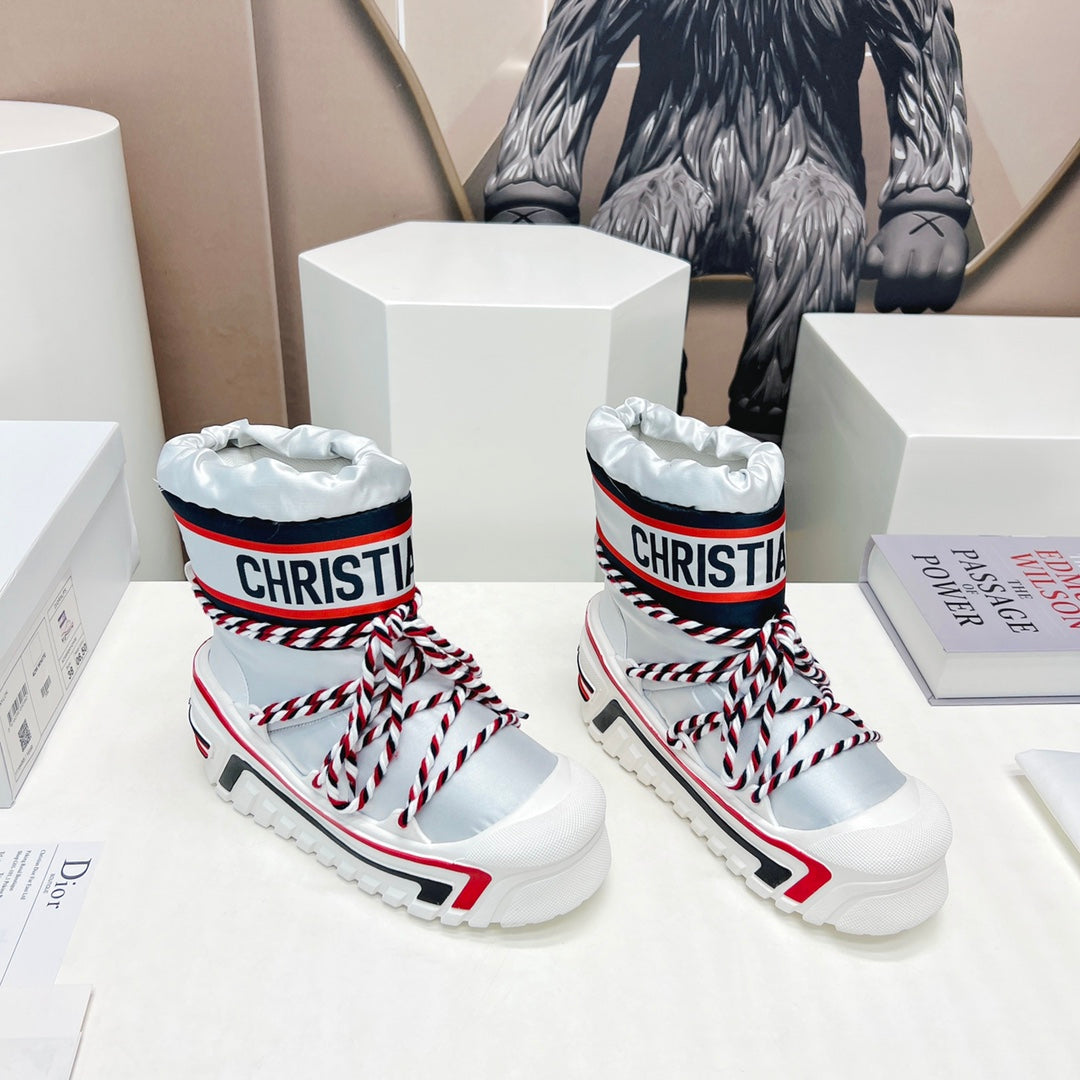 CD Snow Ankle Boots White Red Cowhide Nylon Fabric 539661