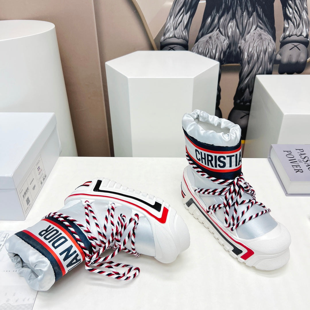 CD Snow Ankle Boots White Red Cowhide Nylon Fabric 539661