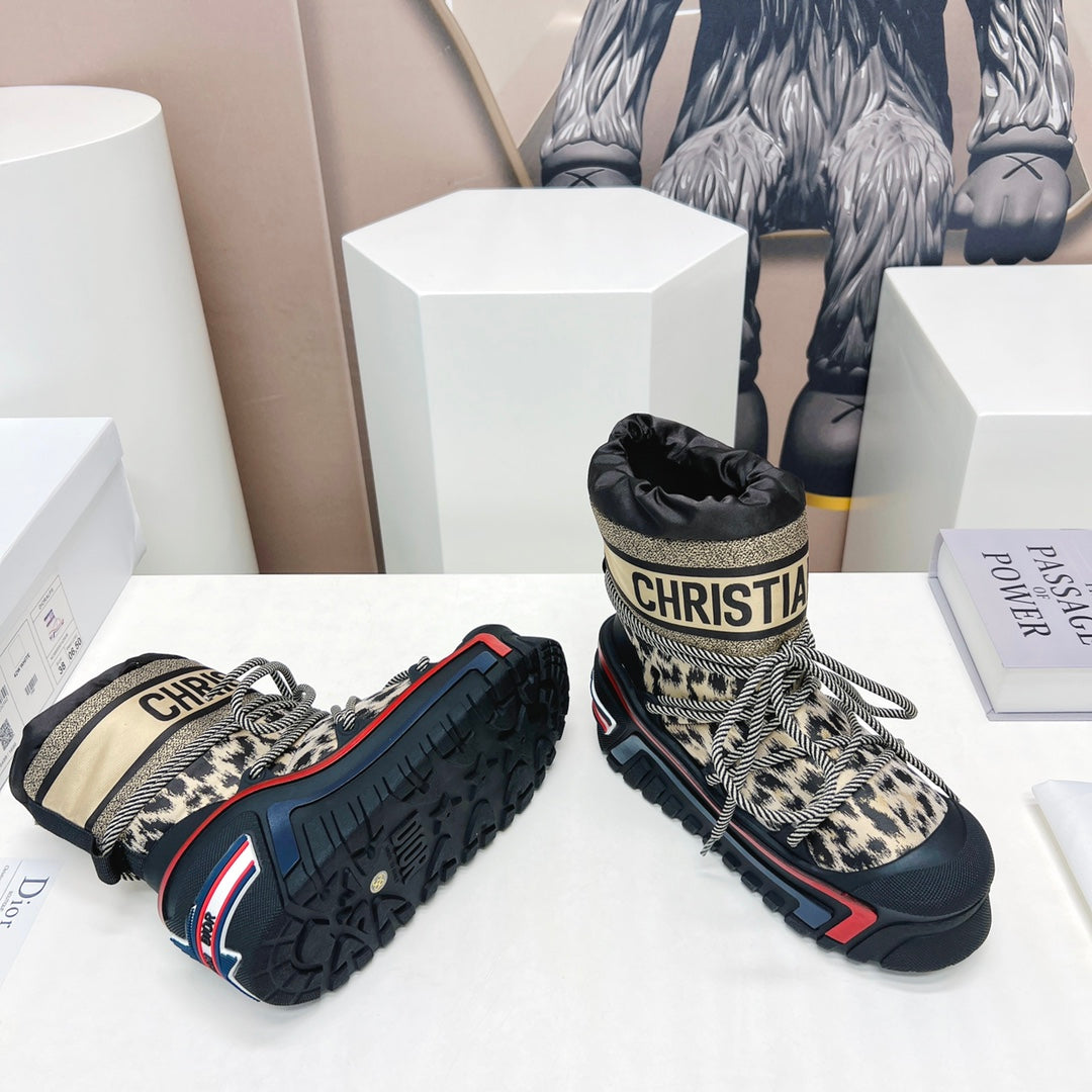 CD Snow Ankle Boots Black Beige Cowhide Nylon Fabric 539662