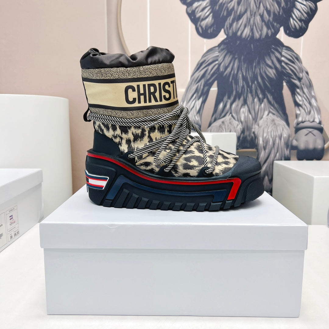 CD Snow Ankle Boots Black Beige Cowhide Nylon Fabric 539662