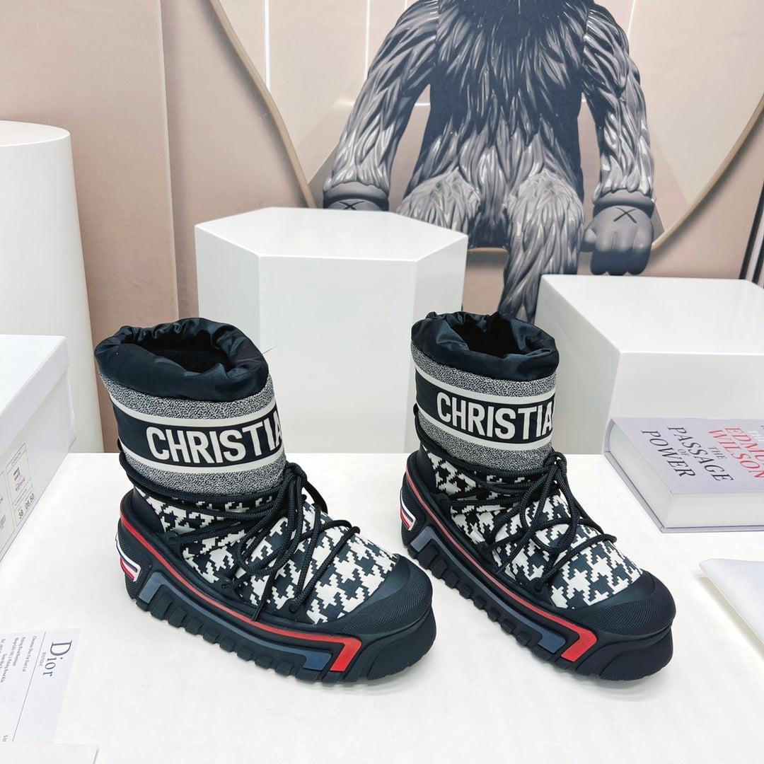 CD Snow Ankle Boots Black White Cowhide Nylon Fabric 539663