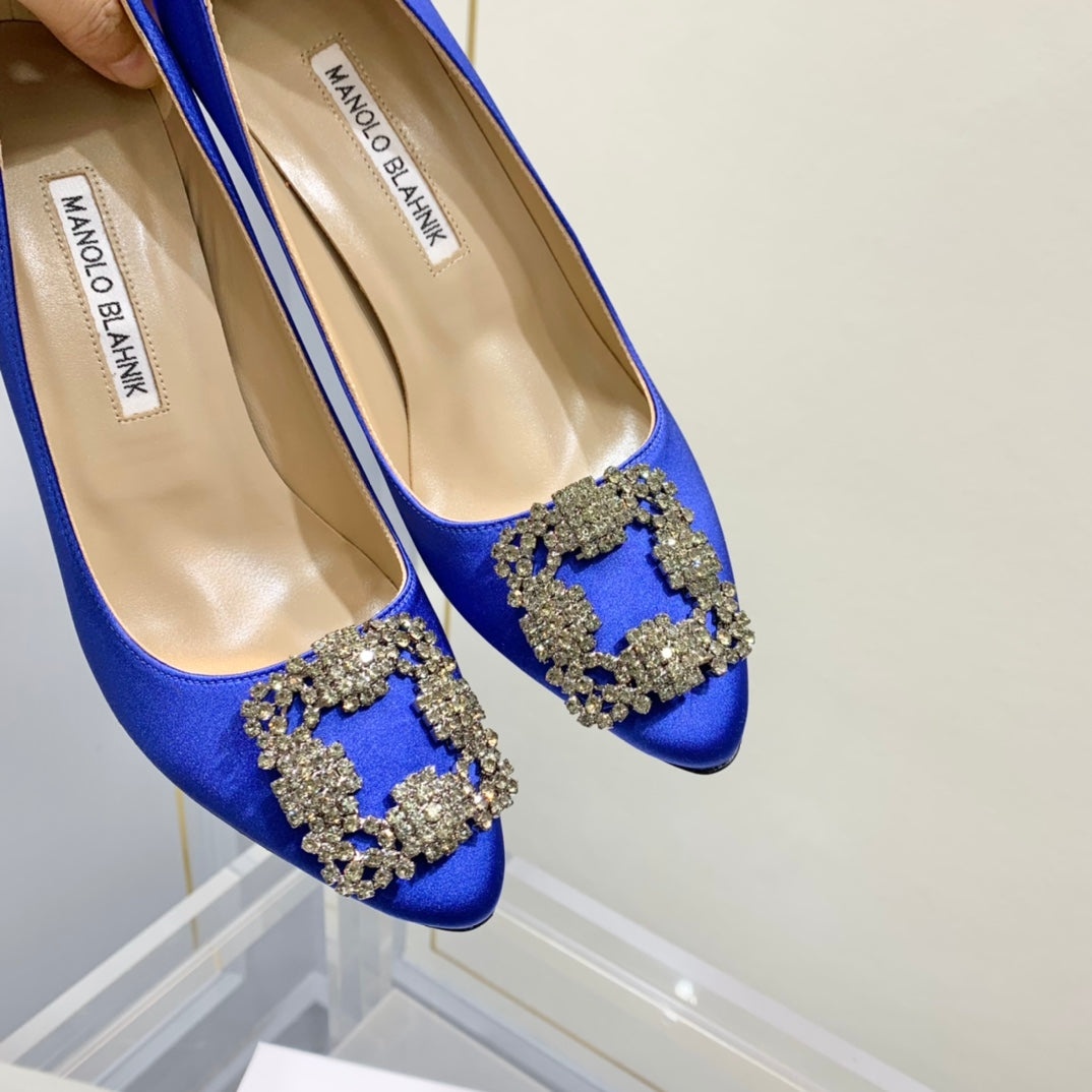 Manolo Diamond Buckle Pumps 10cm Navy Blue Silk 574252