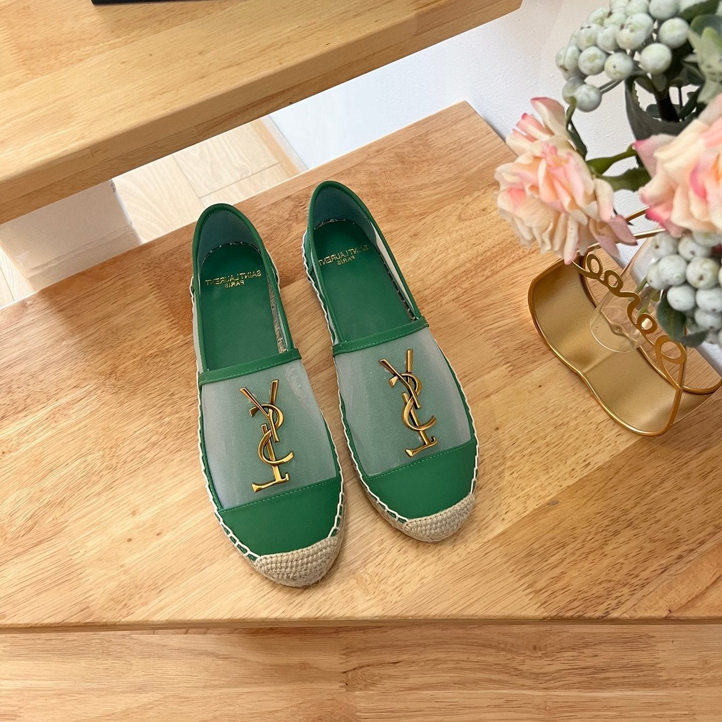 SL YVES LOGO SLIP ON DARK GREEN CALFSKIN AND MESH