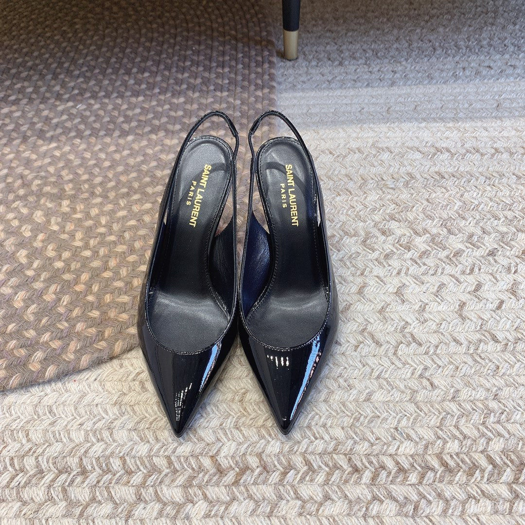 OPYUM RED HEEL SLINGBACK PUMPS IN BLACK GLOSSY CALFSKIN