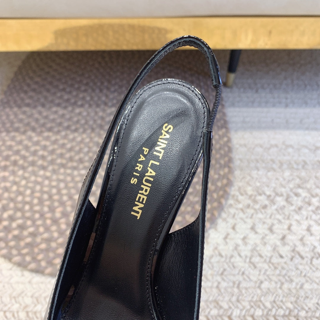 OPYUM GOLD HEEL SLINGBACK PUMPS IN BLACK GLOSSY CALFSKIN