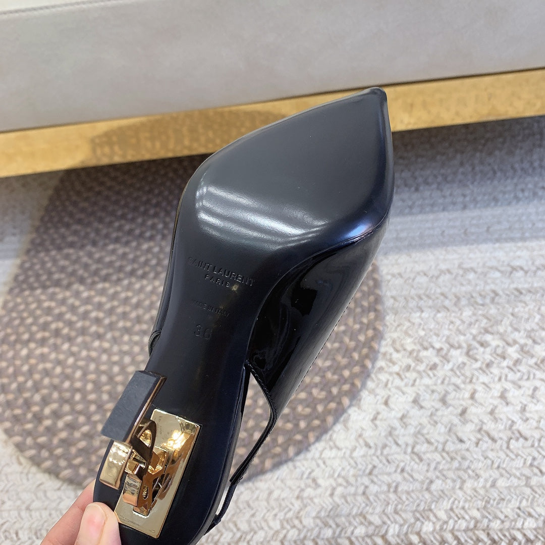 OPYUM GOLD HEEL SLINGBACK PUMPS IN BLACK GLOSSY CALFSKIN