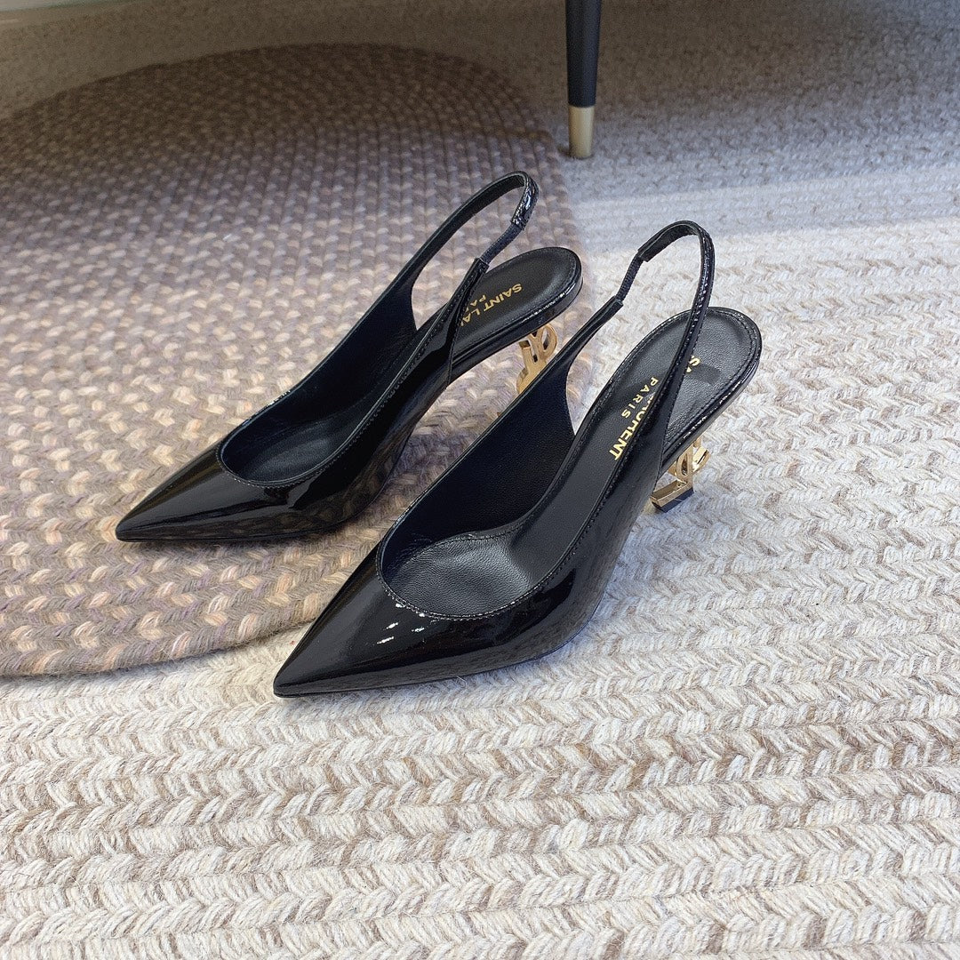 OPYUM GOLD HEEL SLINGBACK PUMPS IN BLACK GLOSSY CALFSKIN