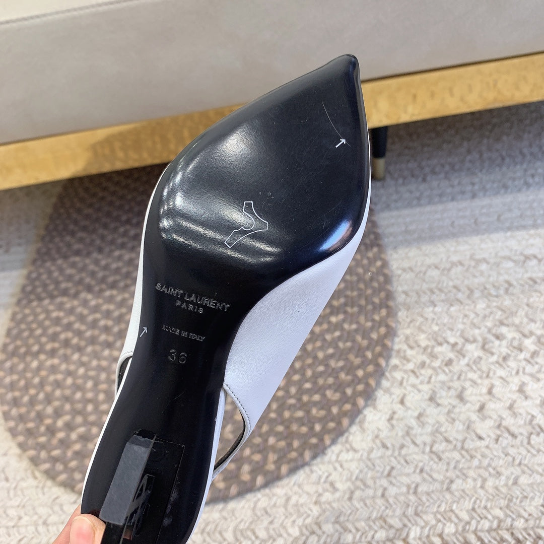 OPYUM BLACK HEEL SLINGBACK PUMPS IN WHITE SMOOTH LAMBSKIN