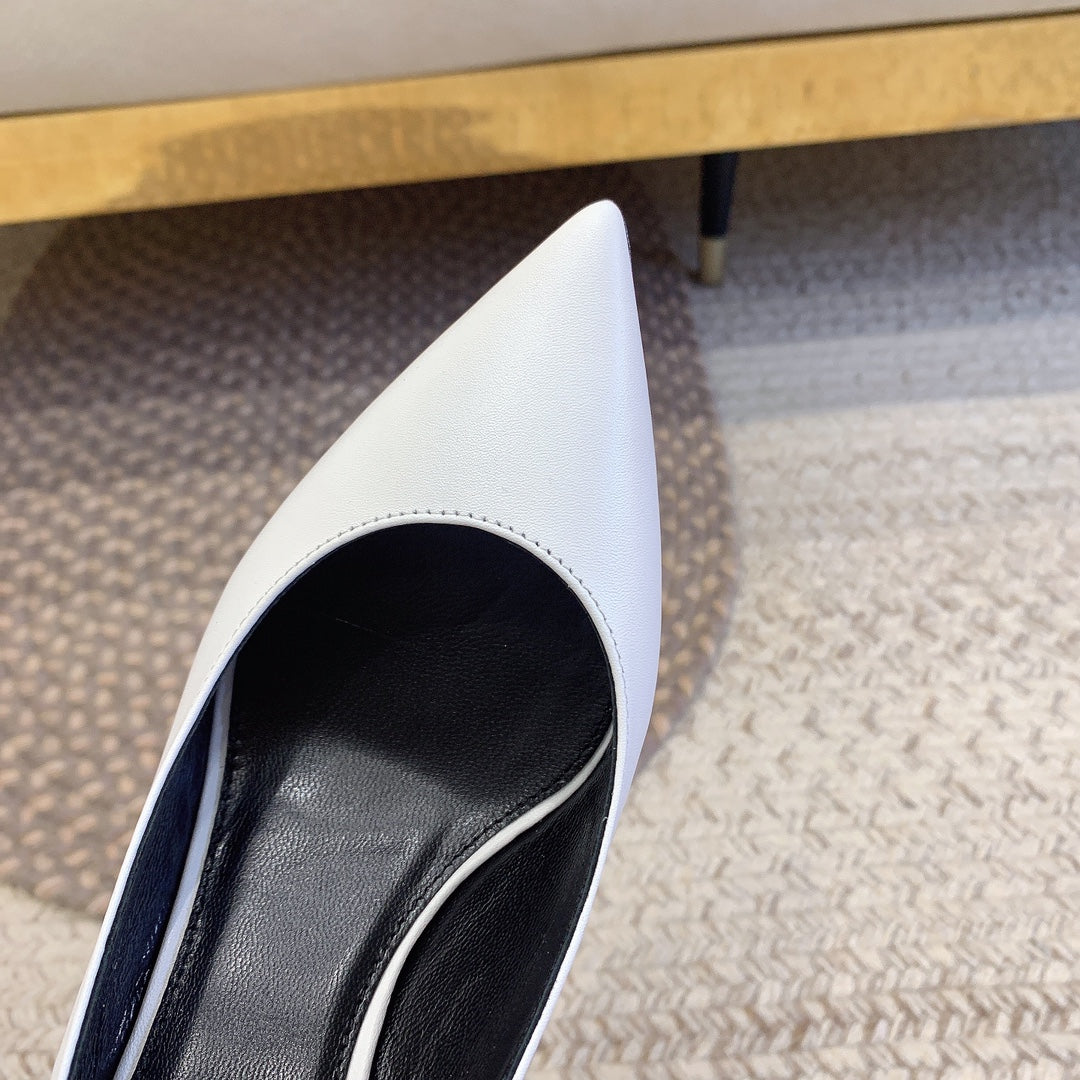 OPYUM BLACK HEEL SLINGBACK PUMPS IN WHITE SMOOTH LAMBSKIN