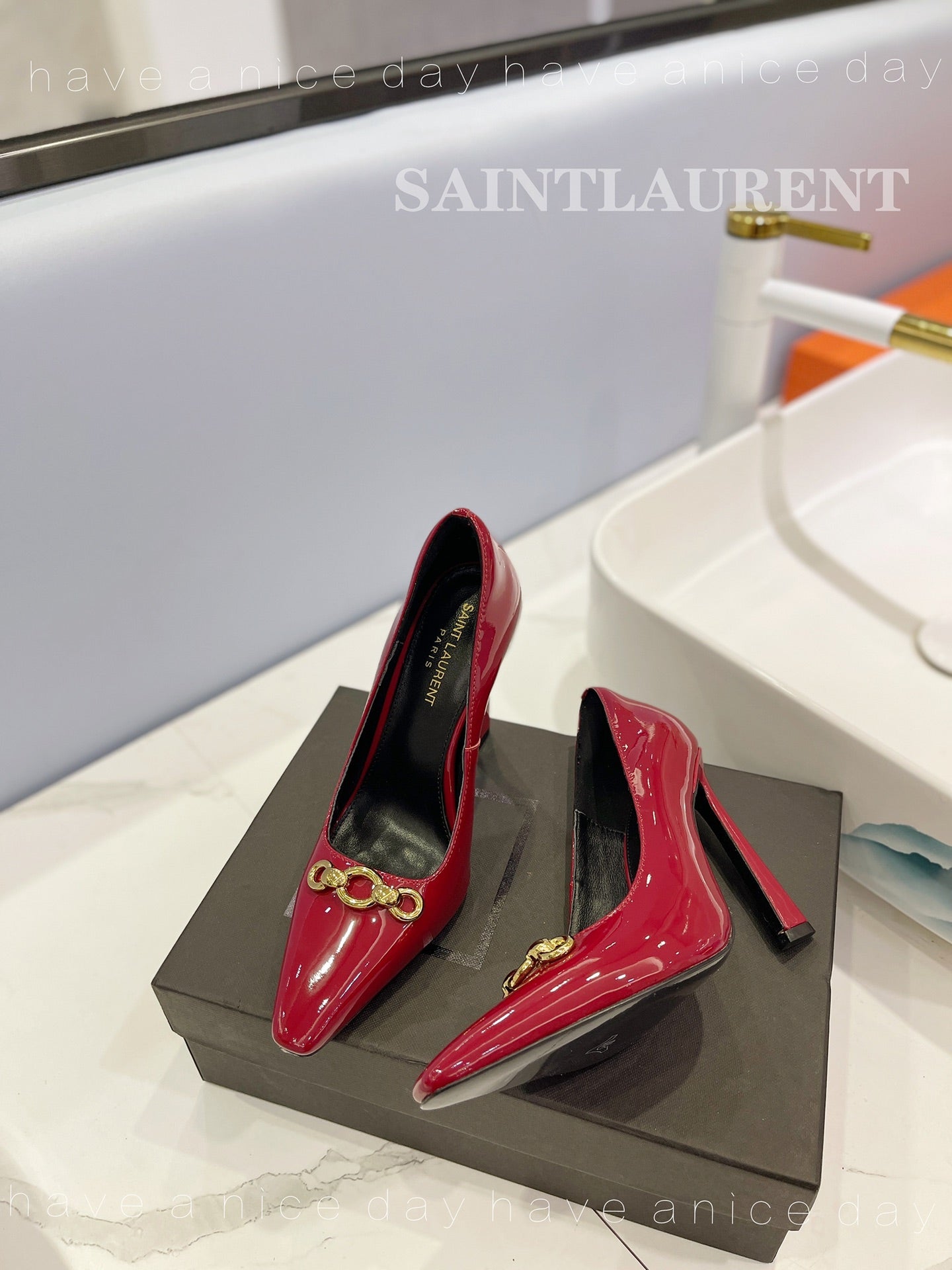 SL SILVANA CHAIN PUMPS GLOSSY RED CALFSKIN