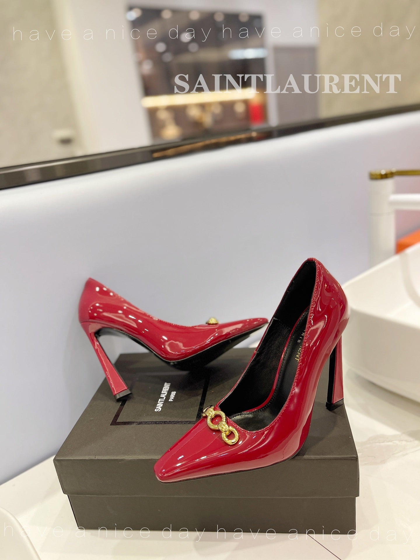 SL SILVANA CHAIN PUMPS GLOSSY RED CALFSKIN