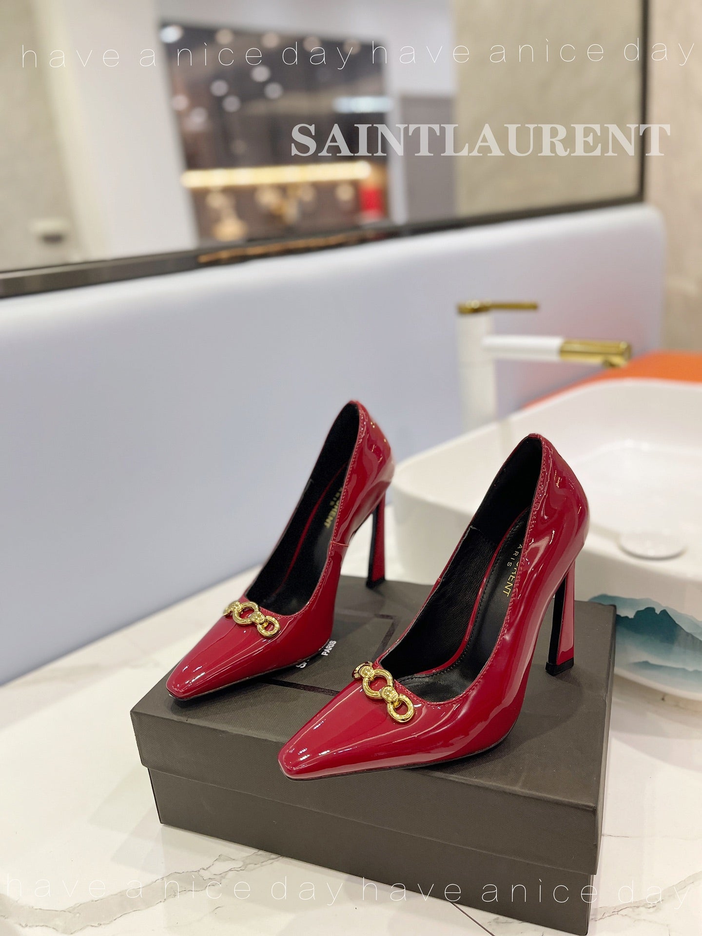 SL SILVANA CHAIN PUMPS GLOSSY RED CALFSKIN