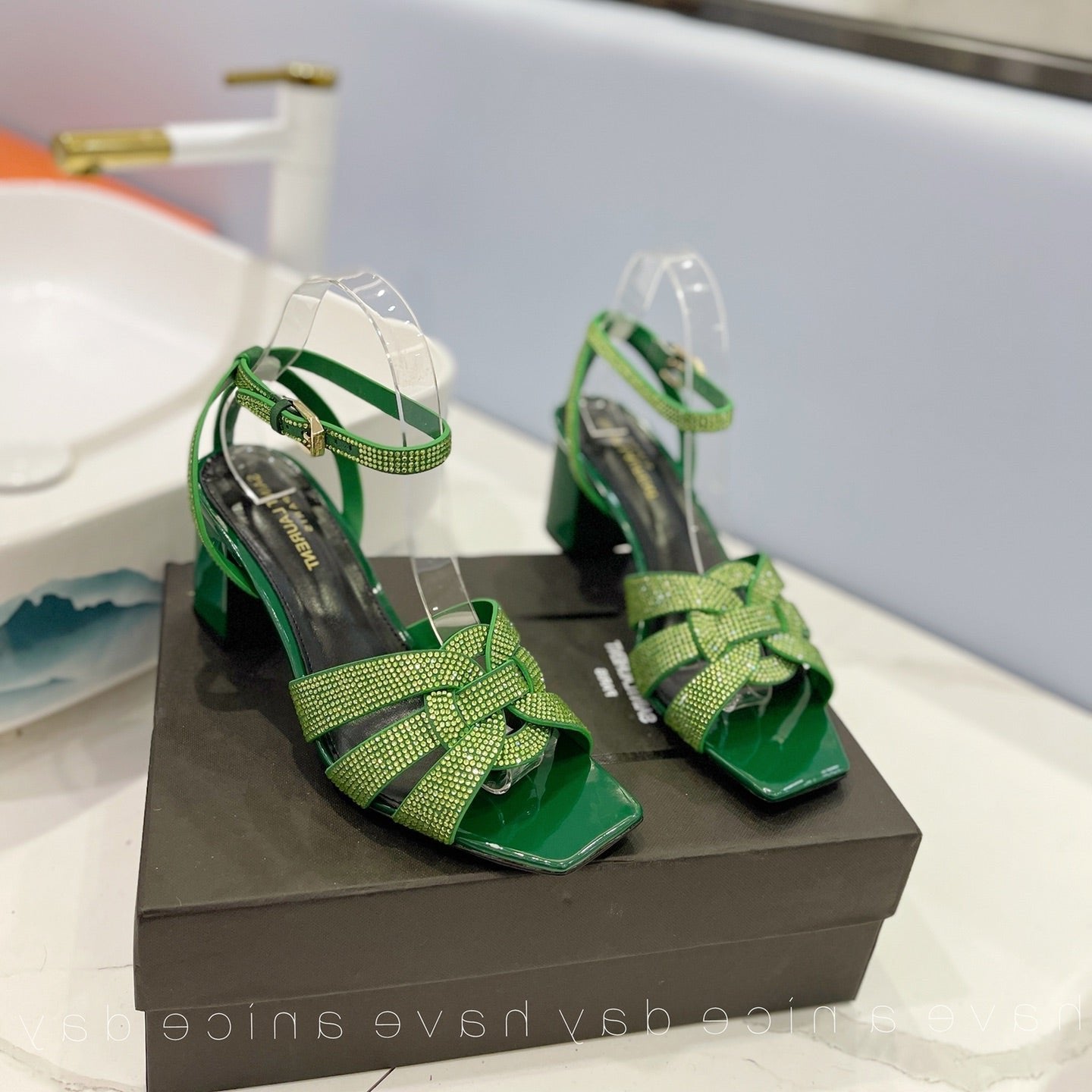 SL TRIBUTE CRYSTAL SANDALS DARK GREEN CALFSKIN