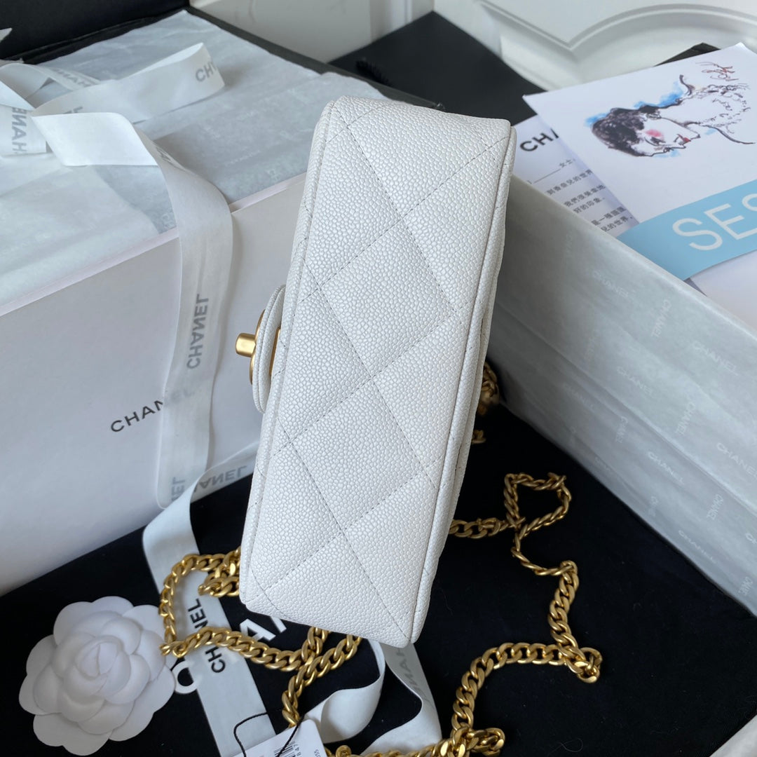 Flap Bag 20cm White Caviar Gold Hardware