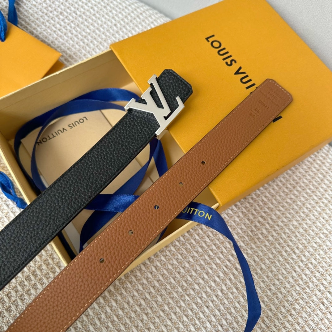 LV Initiales 30mm Reversible Belt Silver Buckle Tan Black Leather