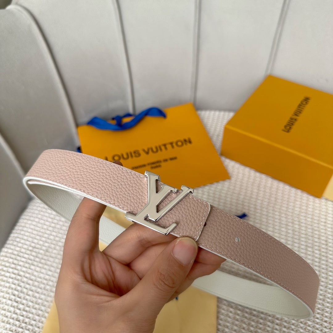 LV 30 MM BELTS IN WHITE AND PINK PASTEL CALFSKIN SILVER HARDWARE