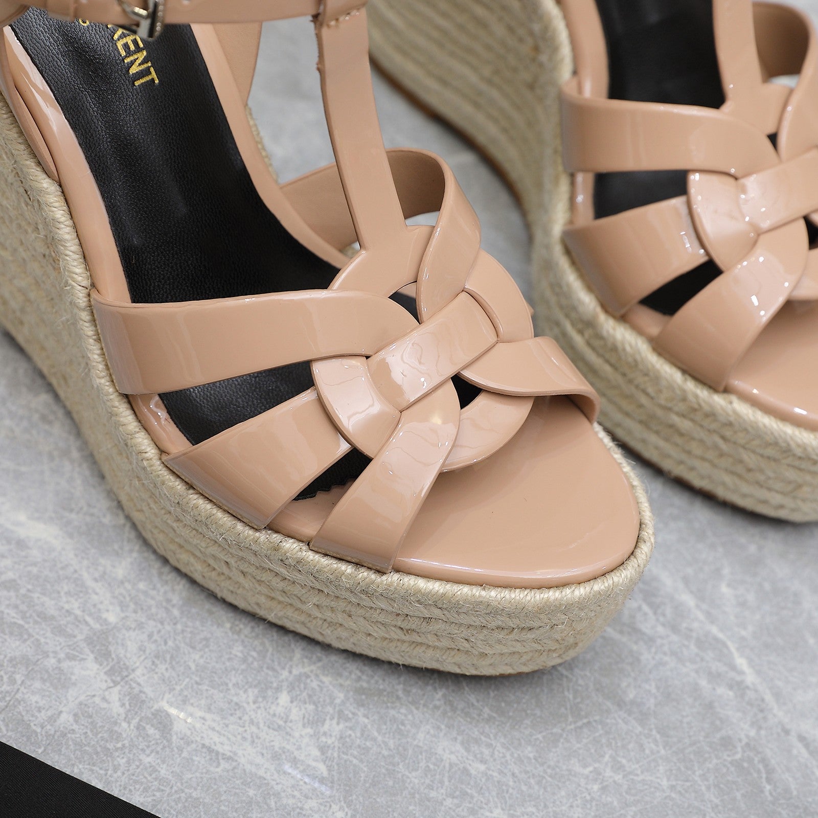 SL TRIBUTE WEDGE SANDALS PINK NUDE POLISHED CALFSKIN