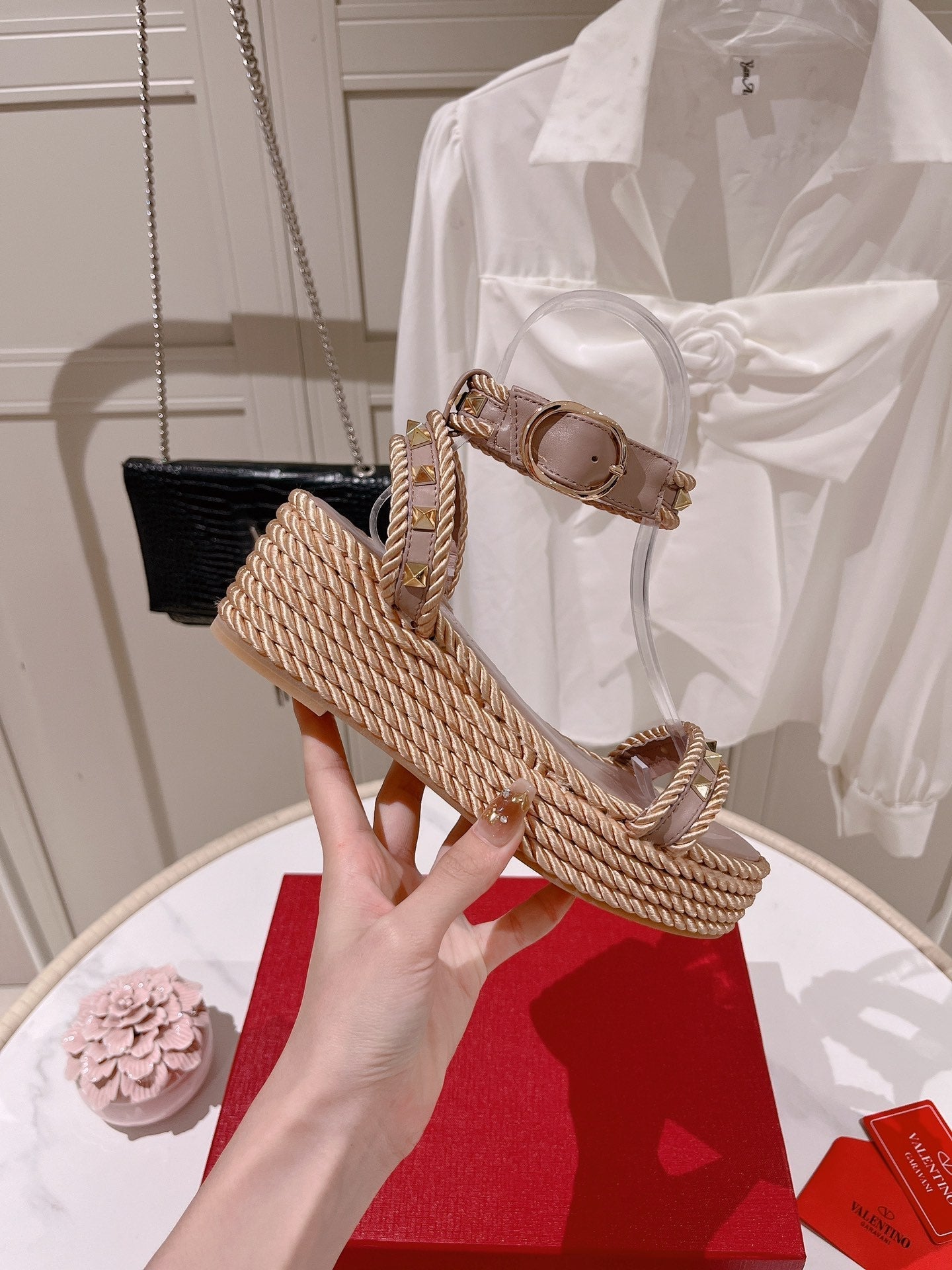 VT Rockstud Platform Sandals 65mm Pink Nude Espadrilles Calfskin 521310