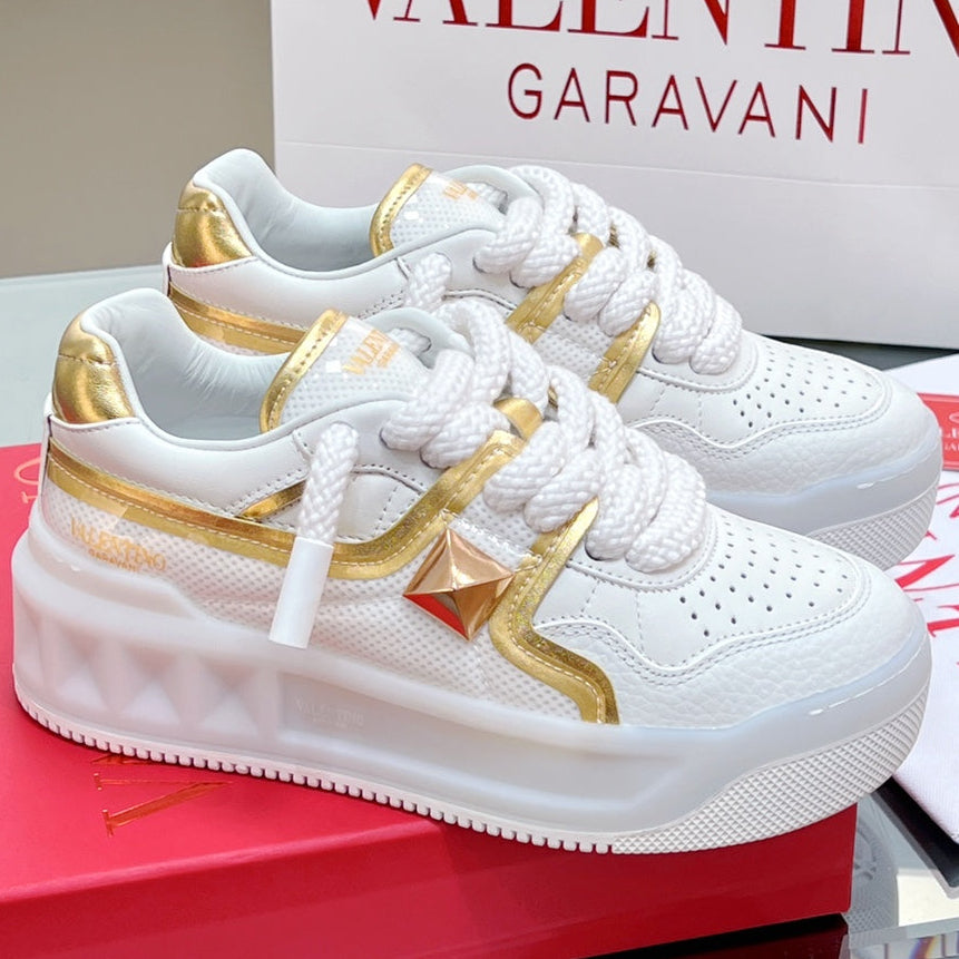 VT 2025 Garavani Sneakers White Gold Cowhide Fabric 546990