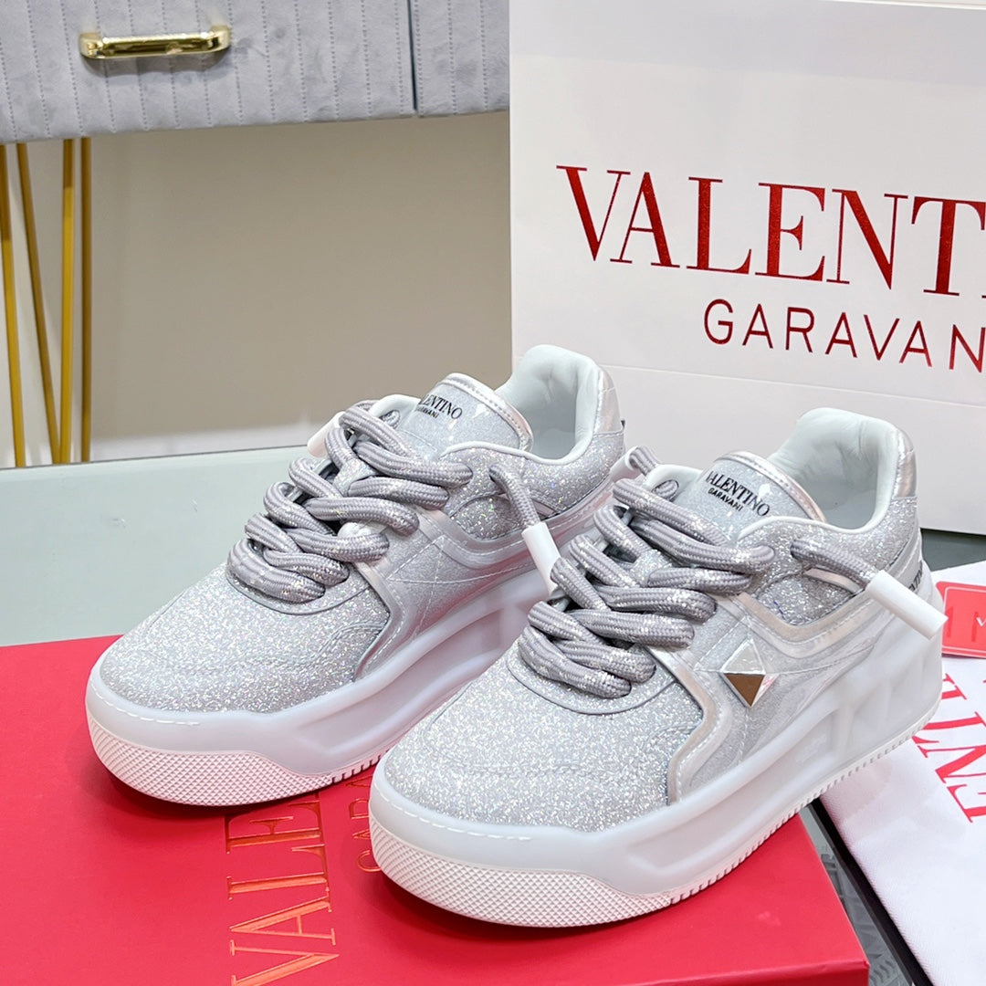 VT 2025 Garavani Sneakers Silver Leather Glitter Fabric 546991