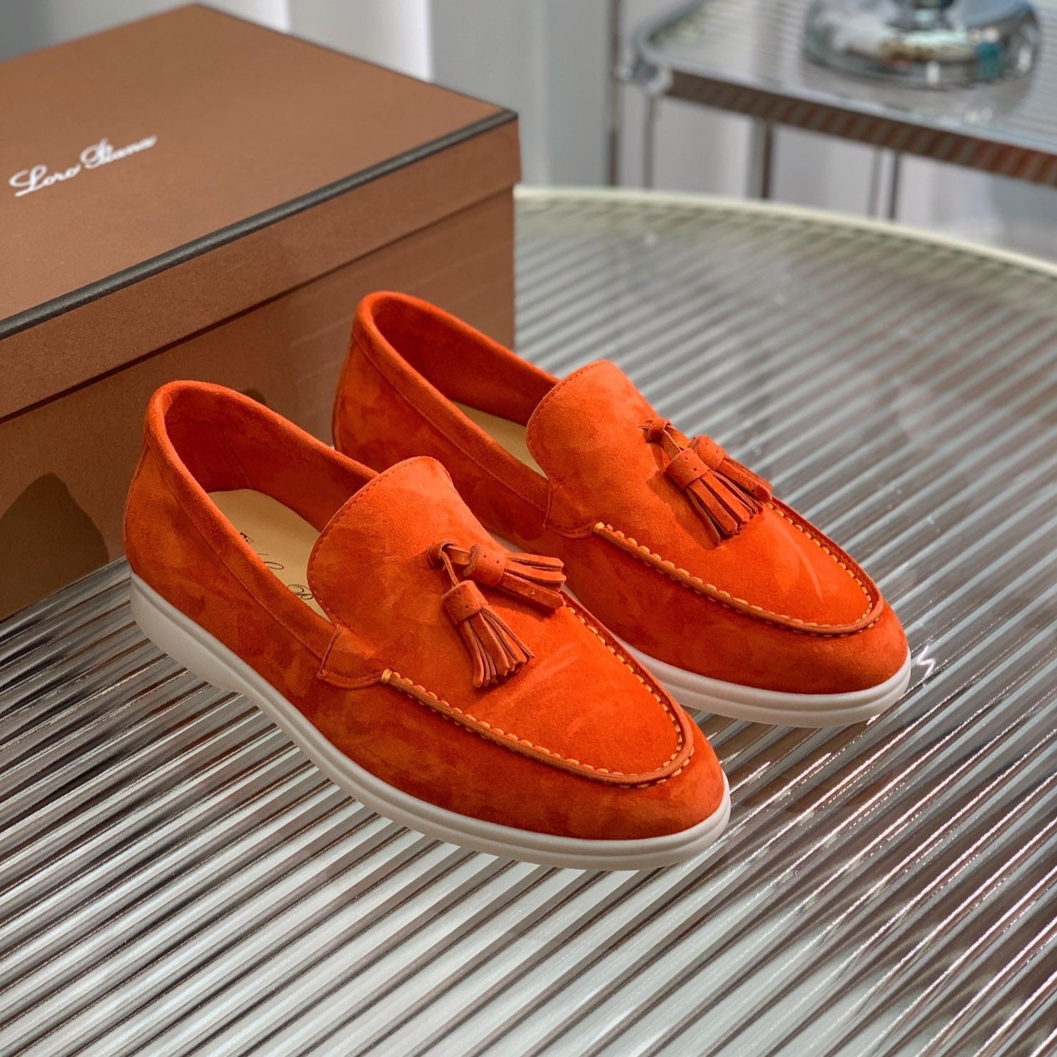 lp dot sole walk loafer orange suede