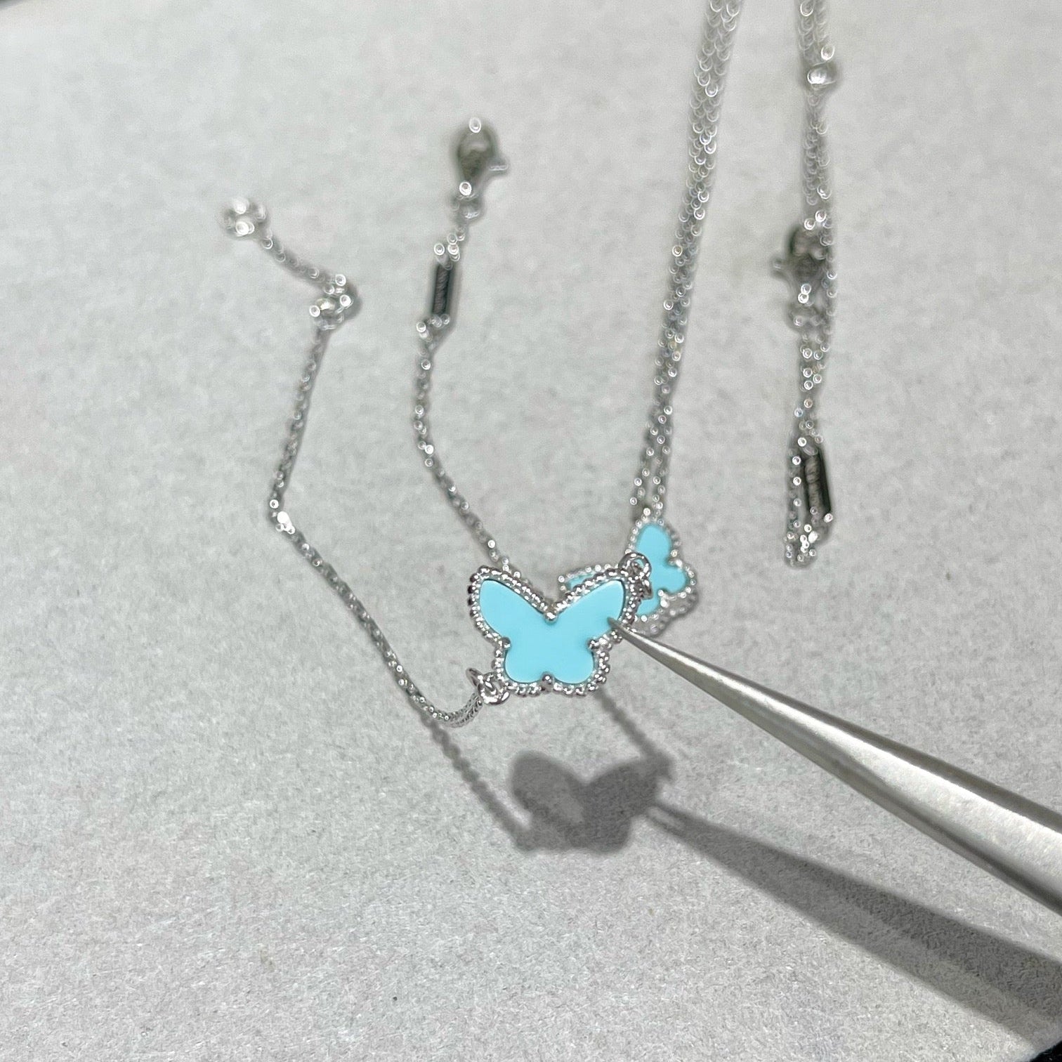 VCA Mini Butterfly Blue Ceramic Necklace Sliver