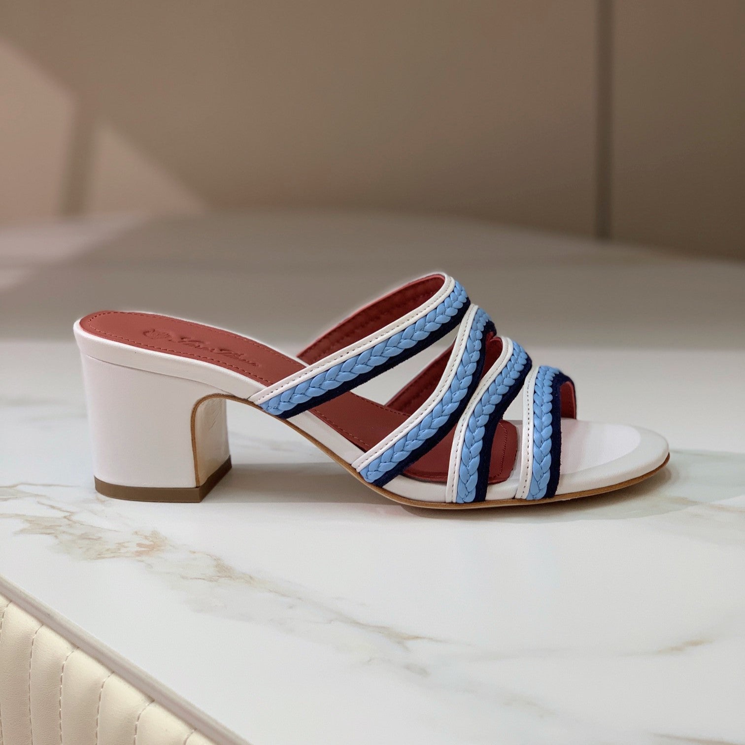 High Hee 60 Sprightly Charms Mule Sandal White Cloud Blue Navy Calfskin