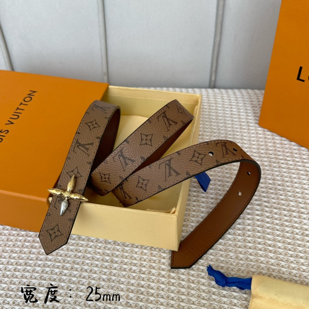 LV FLOWERGRAM 25 MM REVERSIBLE BELT IN BROWN MONOGRAM CALFSKIN GOLD MIX SILVER HARDWARE
