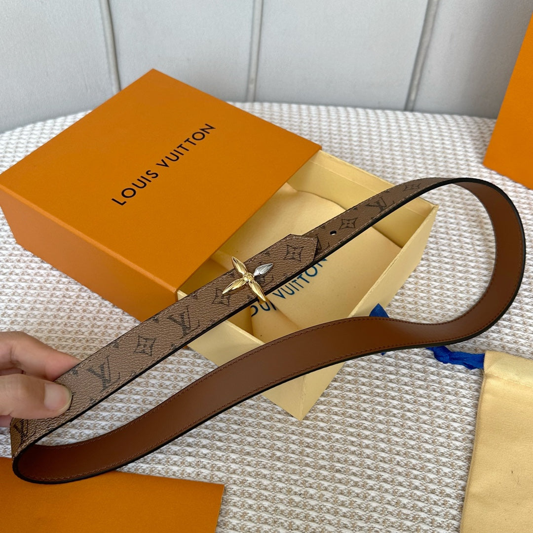 LV FLOWERGRAM 25 MM REVERSIBLE BELT IN BROWN MONOGRAM CALFSKIN GOLD MIX SILVER HARDWARE