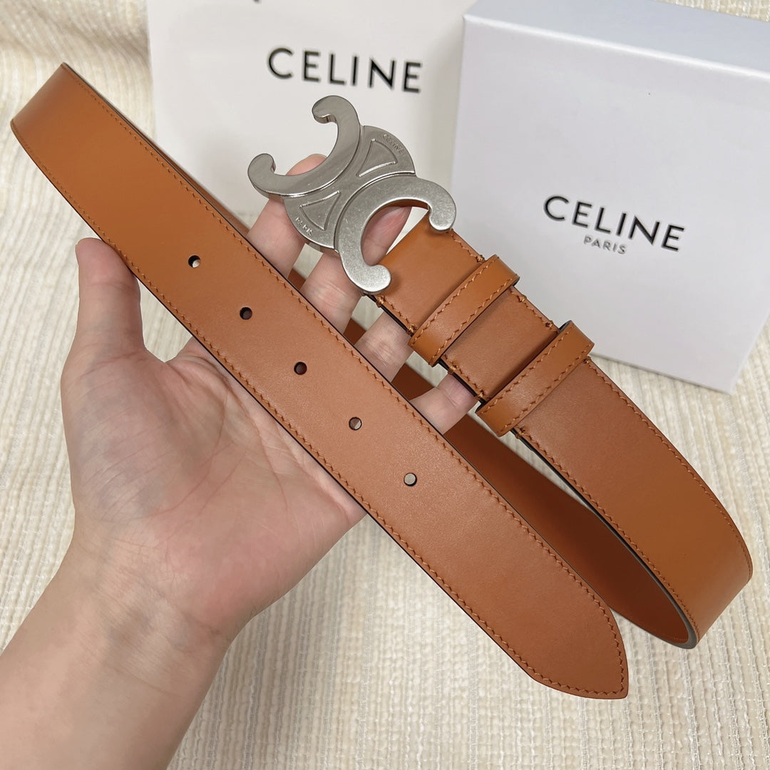 Medium Triomphe Belt 25mm Tan Calfskin Silver Finishing