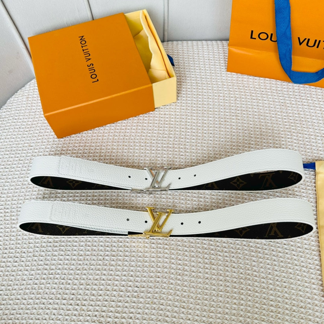 LV Initiales 30mm Reversible Belt Gold Rotating Buckle White Brown Leather