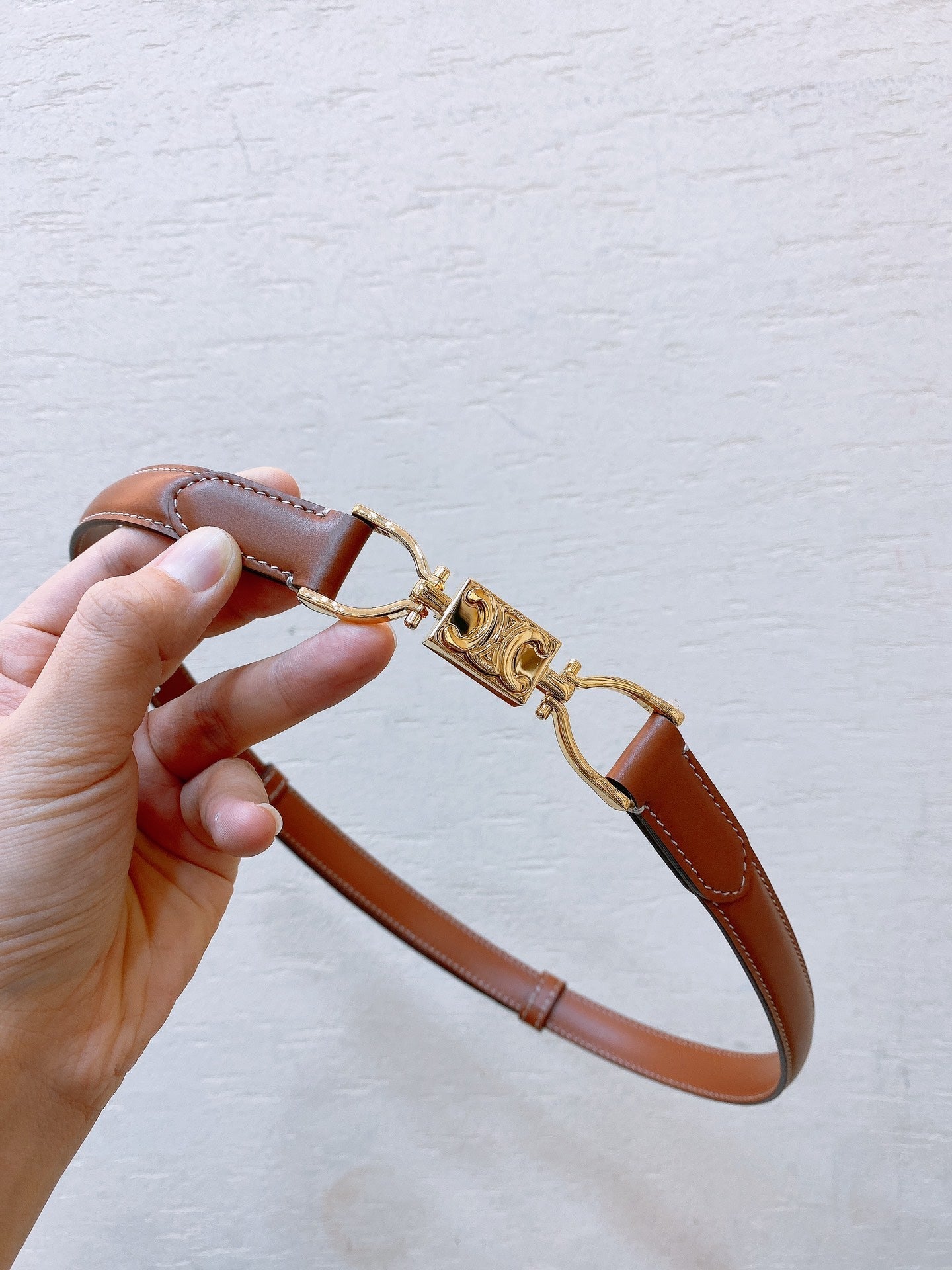 Hook & Loop 20mm TRIOMPHE Logo Square Adjustable Belt Tan Calfskin Ghw