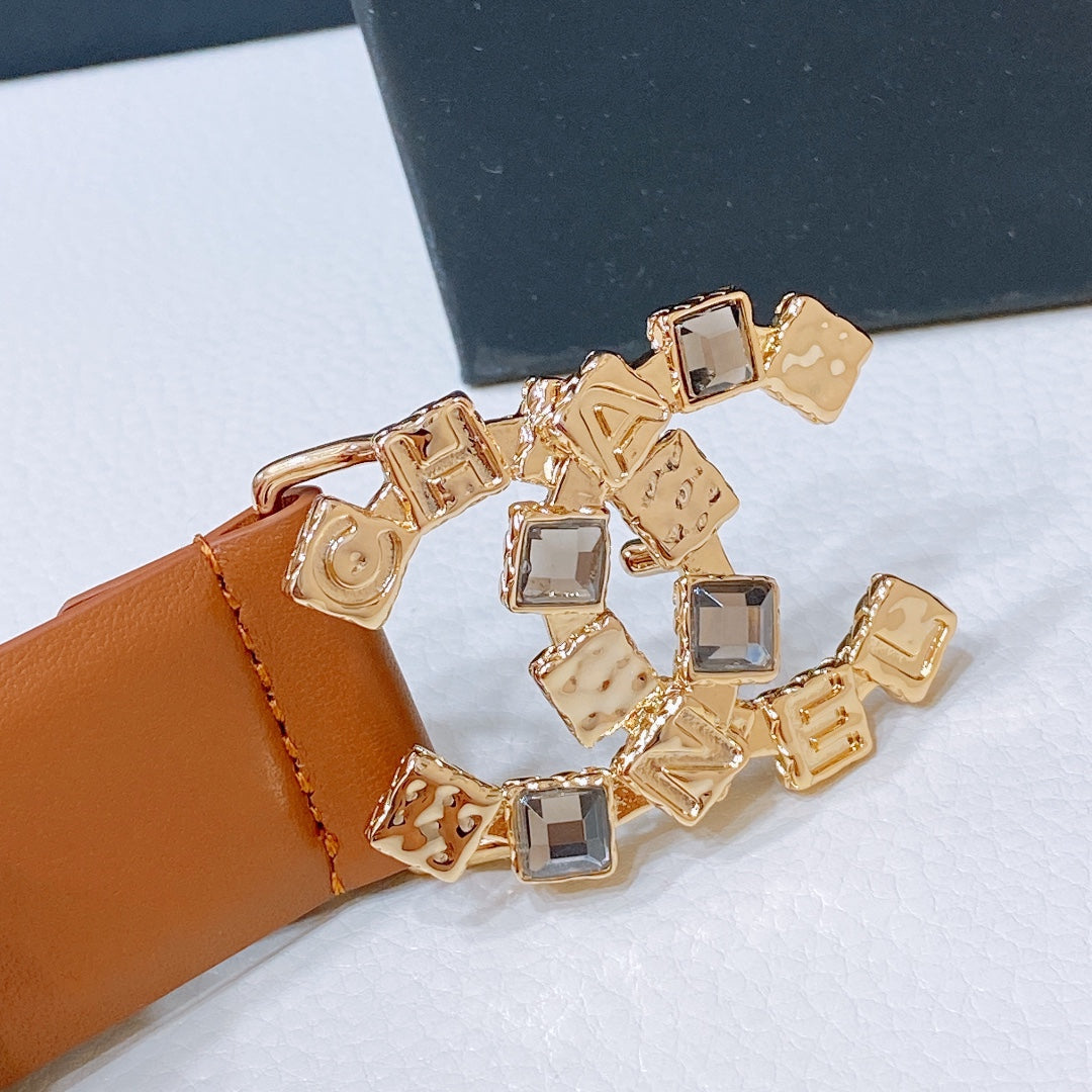 CHANEL BELT 3CM CINNAMON BROWN LAMBSKIN WITH CRYSTAL GOLD HARDWARE