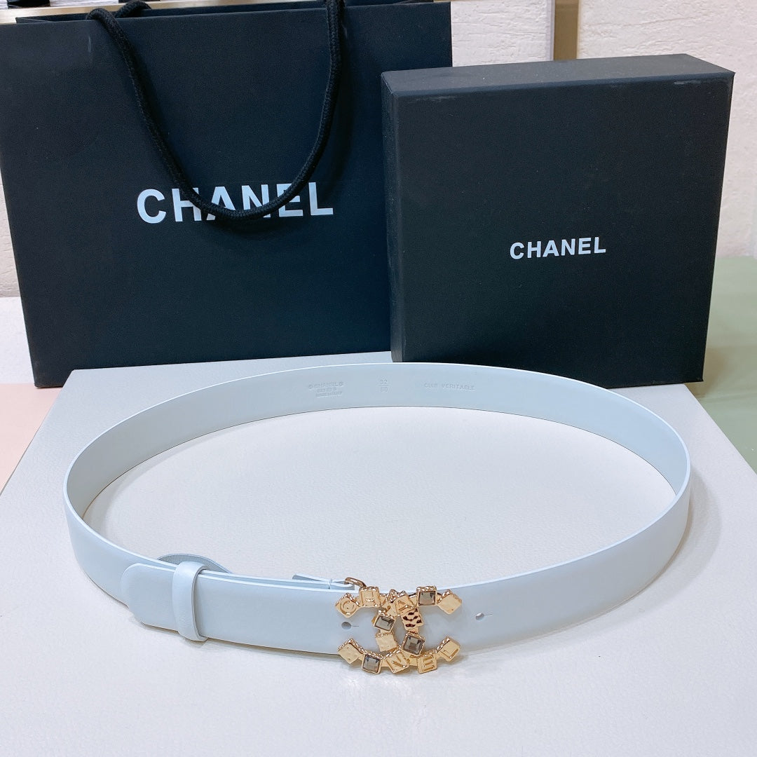 CHANEL BELT 3CM IN COLUMBIA BLUE LAMBSKIN WITH CRYSTAL GOLD HARDWARE