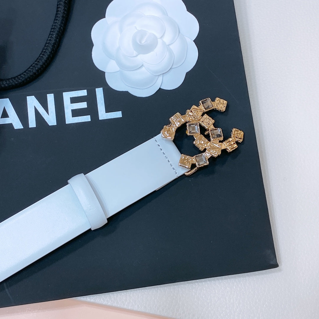 CHANEL BELT 3CM IN COLUMBIA BLUE LAMBSKIN WITH CRYSTAL GOLD HARDWARE