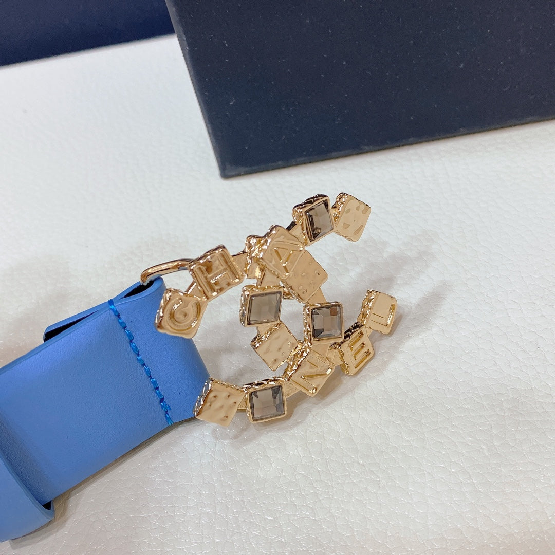 CHANEL BELT 3CM IN STAR COMMAND BLUE AND BLACK LAMBSKIN WITH CRYSTAL GOLD HARDWARE