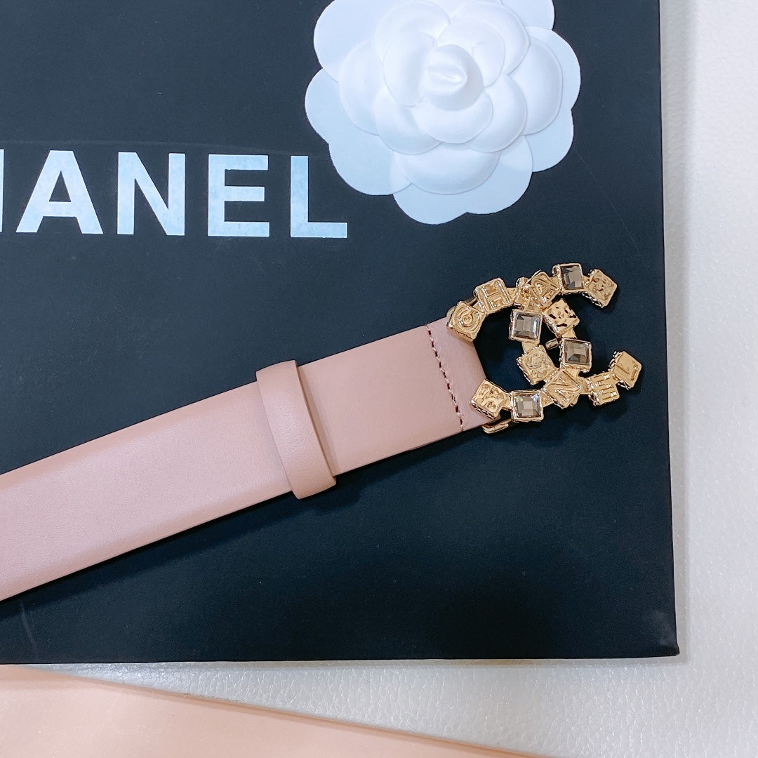 CHANEL BELT 3CM IN LIGHT PINK LAMBSKIN WITH CRYSTAL GOLD HARDWARE
