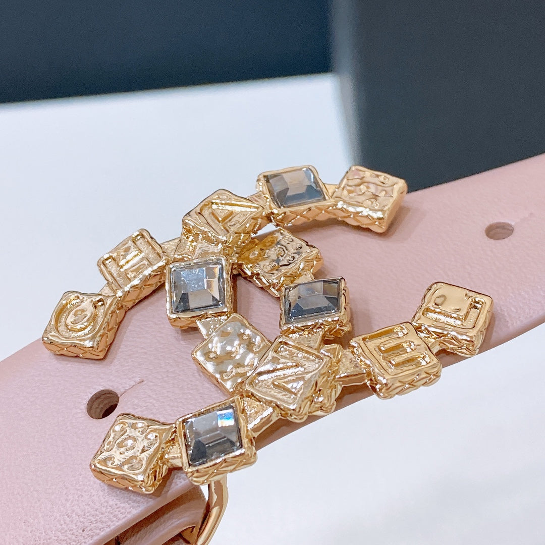 CHANEL BELT 3CM IN LIGHT PINK LAMBSKIN WITH CRYSTAL GOLD HARDWARE