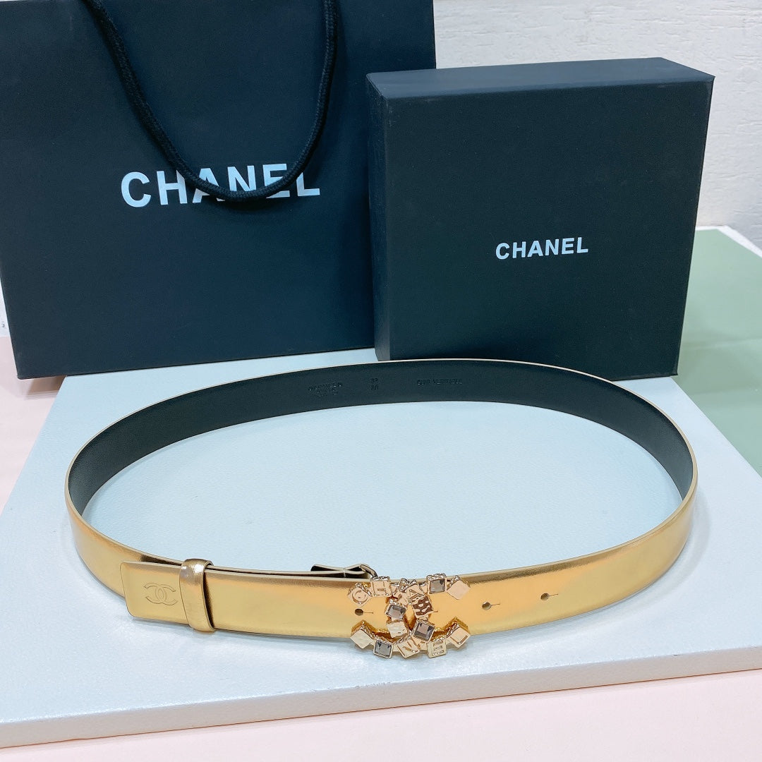 CHANEL BELT 3CM YELLOW LAMBSKIN WITH GOLD HARDWARE