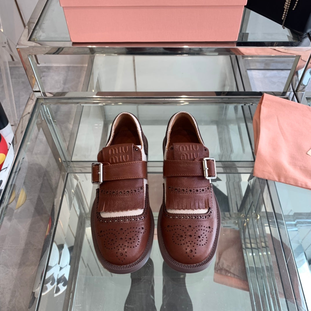 miu monk strap dark brown fabric calfskin