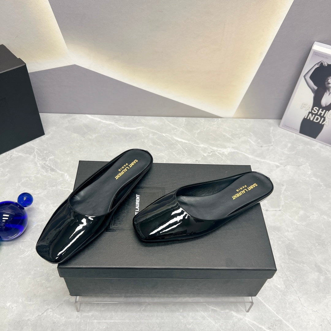 SL SQUARE TOE FLAT MULES BLACK POLISHED CALFSKIN