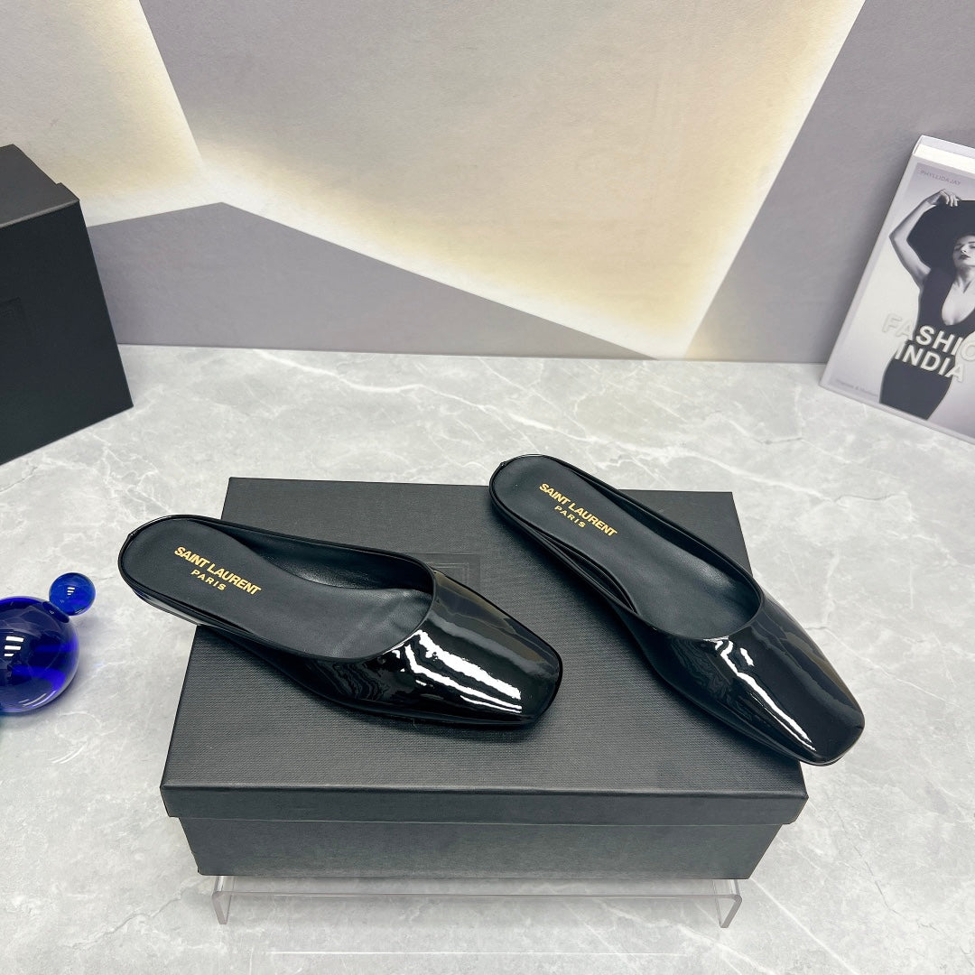 SL SQUARE TOE FLAT MULES BLACK POLISHED CALFSKIN