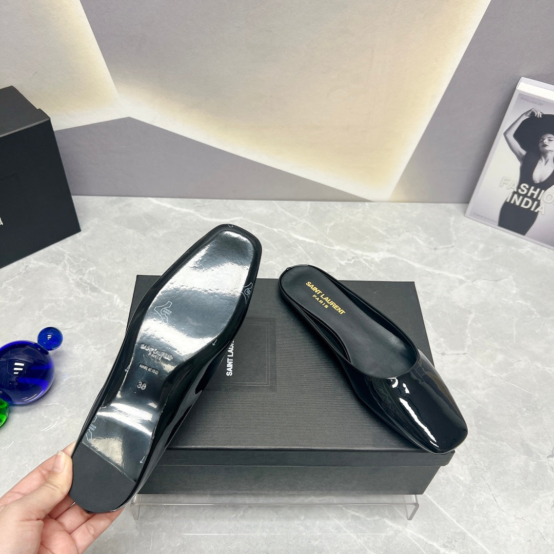 SL SQUARE TOE FLAT MULES BLACK POLISHED CALFSKIN