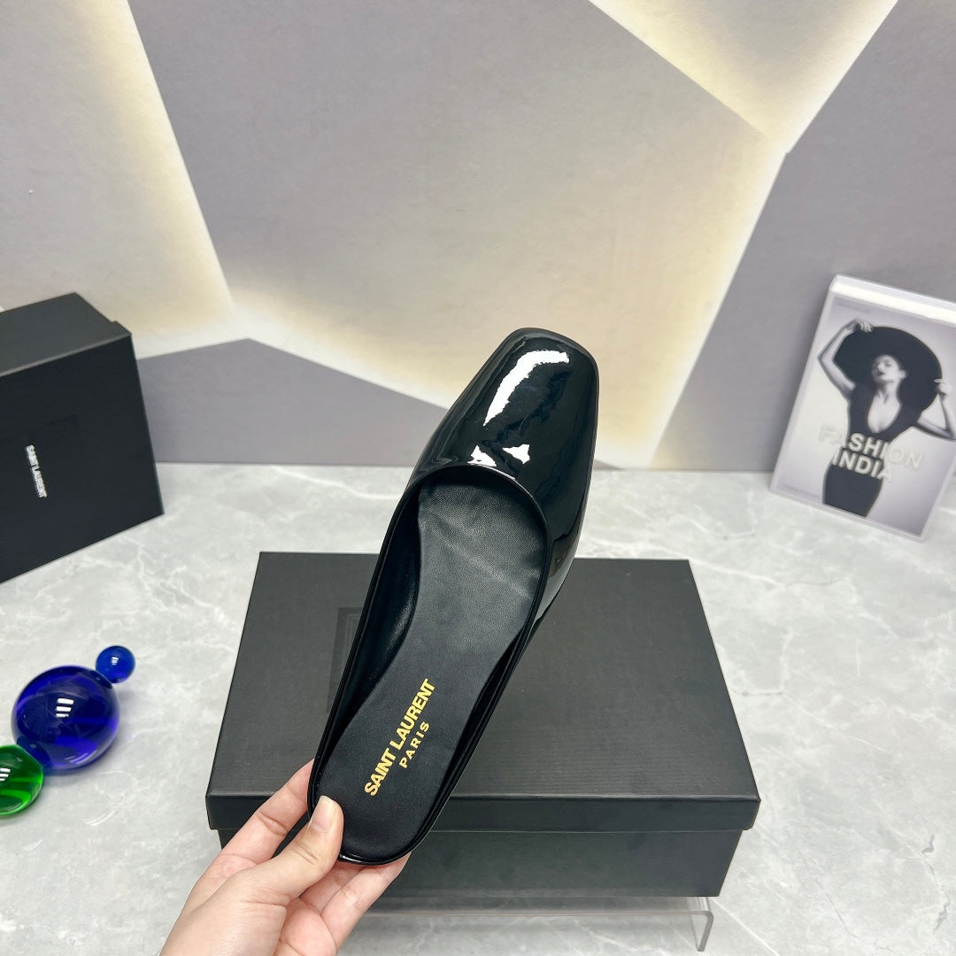 SL SQUARE TOE FLAT MULES BLACK POLISHED CALFSKIN