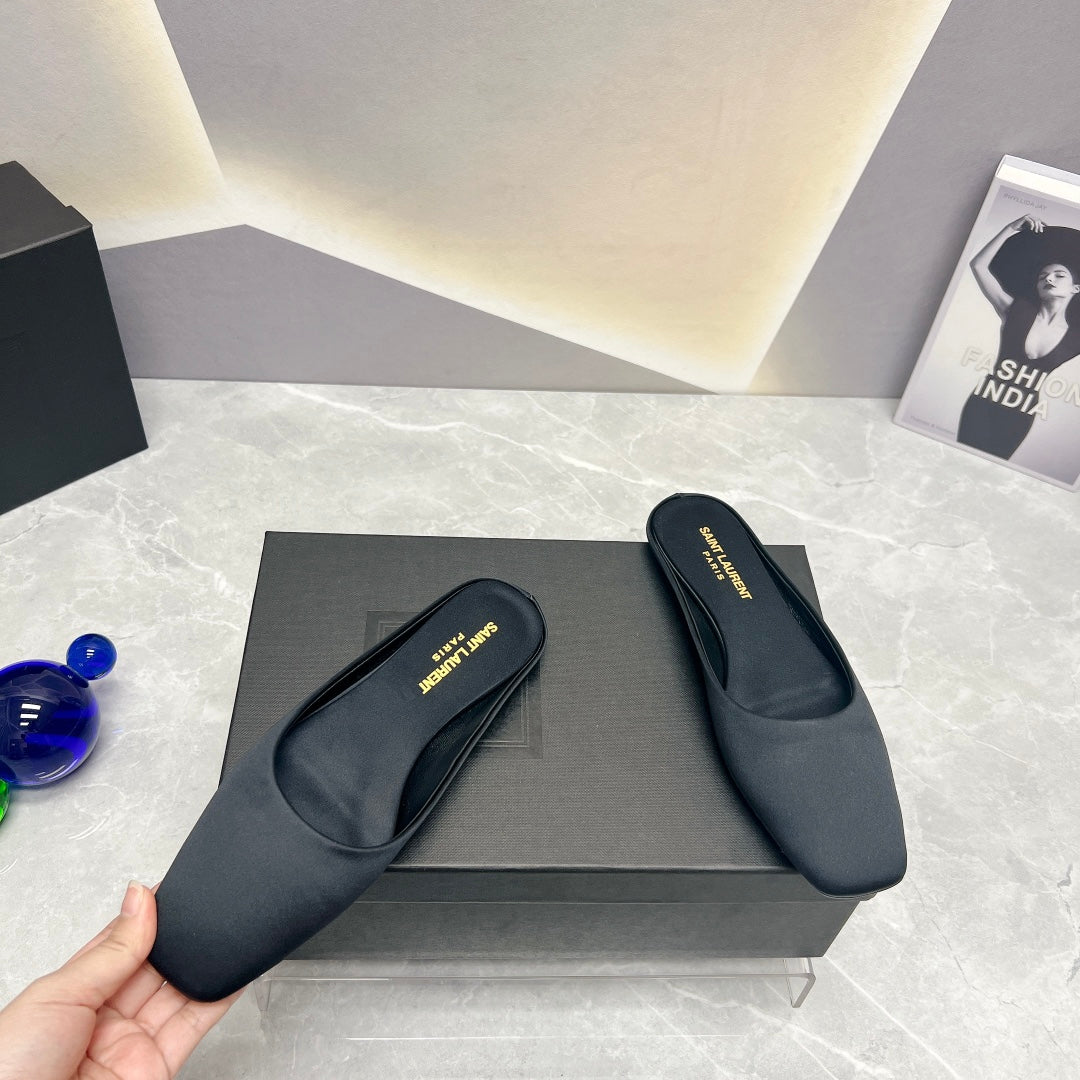 SL SQUARE TOE FLAT MULES BLACK SATIN